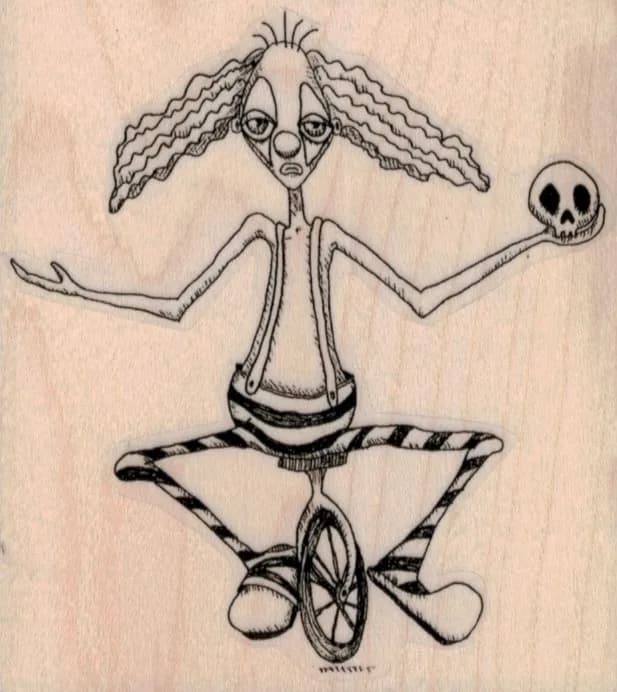 Creepy Clown On Unicycle by Leslie Wood 3 1/4 x 3 1/2-0