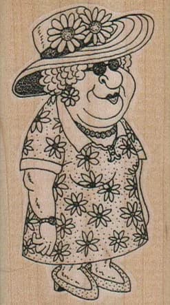 Smiling Lady In Flowered Dress And Hat 1 3/4 x 3-0