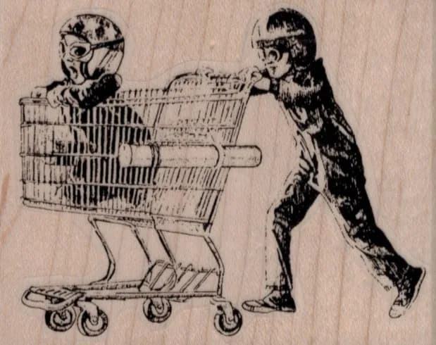 Boys Playing With Shopping Cart 3 1/4 x 2 1/2-0