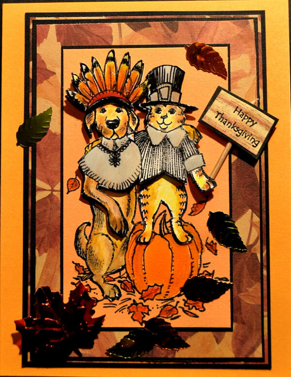 Dog And Cat Pilgrims On Pumpkin 2 3/4 x 4 1/4-30973