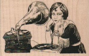 Lady Listening To Record 3 1/4 x 2-0